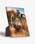 Personalized 2-pet motocross riders standing canvas featuring dogs on dirt bikes in a dusty desert scene.