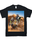 Black Gildan t-shirt with two personalized pet motocross riders in a dusty race.