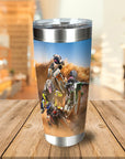 Personalized stainless steel tumbler with 3 pets as motocross riders in a dusty race.