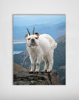 Personalized 'Mountain Doggoat' poster featuring a bulldog's head on a white goat, standing on a rocky peak.