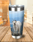 Personalized stainless steel tumbler with a custom "Doggoat" pet portrait on a mountain landscape.