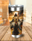 Personalized stainless steel tumbler with a dog in a mummy-themed, ancient Egyptian warrior portrait.