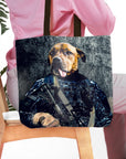 Personalized tote bag with a custom pet portrait of a dog in a navy veteran uniform.