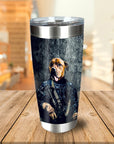 Personalized stainless steel tumbler with a custom dog portrait in a navy veteran uniform.