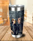 Personalized stainless steel tumbler with two custom pet portraits in navy veteran uniforms.