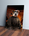 Personalized 'Ninja' pet canvas featuring a bulldog in a black kimono, leaning on a wooden floor.