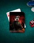 Custom personalized playing card featuring a bulldog in a ninja costume on a green felt table with poker chips and dice.