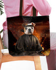 Personalized black tote bag with a bulldog pet portrait in a ninja costume.