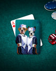Custom personalized playing cards featuring two pets, a bulldog and a French bulldog, dressed as nurses.