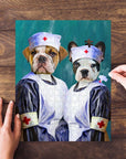 Personalized puzzle featuring two pets, a bulldog and a French bulldog, dressed as nurses.