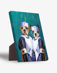 Personalized canvas with two pets dressed as nurses, a bulldog and a French bulldog, on a teal background.