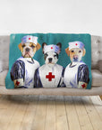 Personalized custom blanket with three pets dressed as nurses in renaissance portrait style.