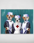 Personalized 3-pet poster featuring dogs dressed as nurses in white and blue uniforms on a teal background.