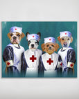 Personalized matte poster featuring four pets dressed as nurses in white and navy uniforms with red crosses.