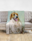 Personalized pet blanket with a renaissance-style portrait of a dog in a pearl gown.