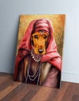 Custom pet canvas: a dachshund's face on a "Persian Princess" portrait with red headscarf and jewelry.