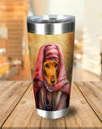 Personalized stainless steel tumbler with a custom royal renaissance portrait of a dachshund in a red headscarf.