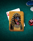 Personalized playing cards featuring a Doberman pet portrait in a Pharaoh costume on a green felt table.
