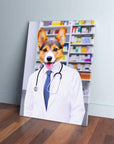 Custom pet canvas featuring a corgi dressed as a pharmacist in a white lab coat and stethoscope.