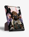 Personalized pet standing canvas featuring a pug in a pilot's uniform and goggles, flying a plane.