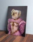 Personalized pet canvas featuring a small dog's head on a pink princess gown with gold accents.