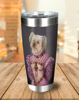 Personalized stainless steel tumbler with a custom royal portrait of a dog in a pink renaissance gown.