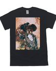Black Gildan t-shirt with a personalized pet portrait of a dog dressed as a pirate captain.