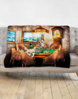 Personalized 2-pet blanket with a custom watercolor portrait of a French Bulldog and Labrador playing poker.
