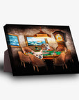 Personalized 'Poker Players' standing canvas featuring two pets as poker players in a dark, classic room.