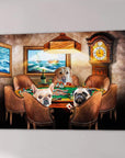 Custom canvas print of three pets playing poker at a green table with brown chairs and a grandfather clock.