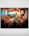 Personalized "The Poker Players" poster featuring four pets (Labrador, French Bulldog, Pug, Basset Hound) playing cards.