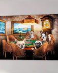 Personalized canvas print of five pets playing poker around a green table in a dimly lit room.