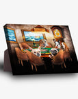 Personalized 5-pet poker players canvas featuring dogs, with a sturdy stand for display.