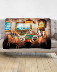 Personalized pet portrait blanket featuring six dogs playing poker in a renaissance style.