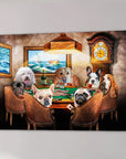 Personalized canvas print depicting seven diverse dogs playing poker around a table in a dimly lit room.