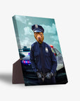 Personalized pet standing canvas featuring a pit bull's head on a police officer's body with a patrol car.