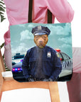 Personalized tote bag with a custom pet portrait of a dog as a police officer.