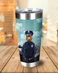 Personalized stainless steel tumbler with a pit bull dog portrait dressed as a police officer.