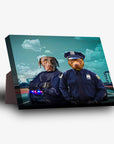 Personalized 2-pet standing canvas featuring dogs dressed as police officers against a city backdrop.