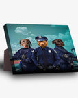Personalized 3-pet standing canvas featuring dogs in police officer uniforms against a city backdrop.