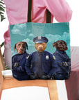 Personalized 3-pet tote bag featuring dogs in police officer uniforms against a cloudy sky.