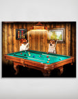 Personalized "Pool Players" poster featuring two dogs playing billiards in a rustic room.