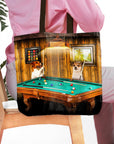 Personalized 2-pet tote bag with dogs playing pool in a custom portrait style.