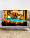 Personalized 3-pet blanket with dogs playing pool in a renaissance style.