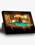 Personalized 3-pet standing canvas featuring dogs playing pool on a wooden table with a green felt surface.