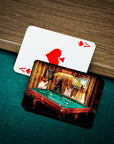 Personalized playing cards featuring four pets as pool players in a custom renaissance-style portrait.