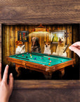 Personalized 4-pet puzzle featuring dogs playing pool in a custom renaissance-style portrait.