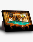 Personalized 4-pet standing canvas art featuring dogs playing pool on a green table under a warm light.