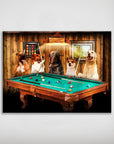 Personalized "Pool Players" poster featuring five dogs playing billiards on a green table with a wooden background.