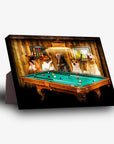 Personalized 5-pet standing canvas featuring dogs playing pool on a wooden table.